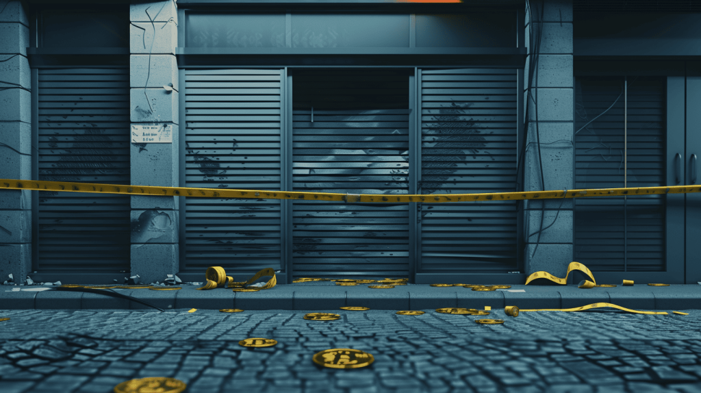Closed dark web marketplace storefront with cryptocurrency symbols scattered on the ground, representing an exit scam